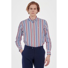Romano Botta Erkek Beyaz Çizgili Çizgili Slim Fit Uzun Kol Gömlek