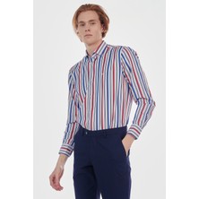 Romano Botta Erkek Beyaz Çizgili Çizgili Slim Fit Uzun Kol Gömlek