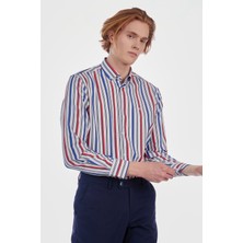 Romano Botta Erkek Beyaz Çizgili Çizgili Slim Fit Uzun Kol Gömlek