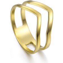 Gümüşcüm Çift V Ince Minimal Altın Kaplama Bayan Gümüş Yüzük