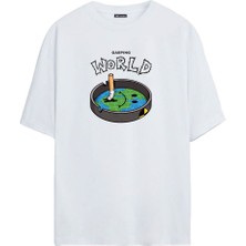 The Wert Unisex World Baskılı Beyaz Oversize Tshirt