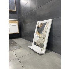 Mira Ahşap Beyaz Raflı Banyo Aynası - Banyo Dolabı - Ofis Bahçe - Lavabo Aynası (60 x 45 Cm) DİK