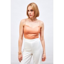 Sateen Ip Askılı Saten Crop Bluz - Somon
