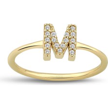 Gümüşcüm Harfli Altın Kaplama Taşlı Bayan Gümüş Yüzük