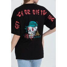 Rocqerx R-5741 Bisiklet Yaka Oversize Arka Kuru Kafa Baskılı T-Shirt