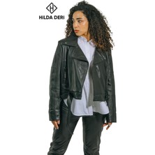 Hilda Deri Emery Biker Tarzı Siyah Oversize  Kuzu Derisi Kadın Ceket