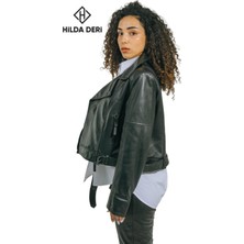 Hilda Deri Emery Biker Tarzı Siyah Oversize  Kuzu Derisi Kadın Ceket