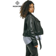 Hilda Deri Emery Biker Tarzı Siyah Oversize  Kuzu Derisi Kadın Ceket