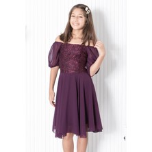 Modaviki 9-14 Yaş  Balon Kol Detaylı Şifon Abiye Mürdüm MDV332