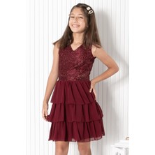 Modaviki 9-14 Yaş Fırfırlı Şifon Abiye Bordo MDV334