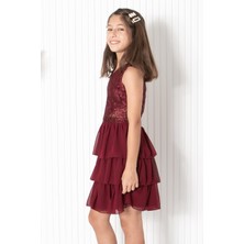 Modaviki 9-14 Yaş Fırfırlı Şifon Abiye Bordo MDV334