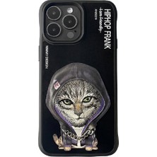 Nimmy Hiphop Serisi Mor Kedi Nakış Işlemeli Zincir Detaylı Kılıf iPhone 14 Pro Max Siyah