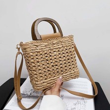 Baoblaze Kadınlar Straw Dokuma Tote El Yapımı Çanta Gündelik Çantalar Üst Saplı Çukur Çizgisi Haki (Yurt Dışından)