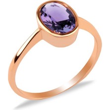 Gümüşcüm Swarovski Ametist Oval Tek Taş Rose Kaplama Sivama Bayan Gümüş Yüzük