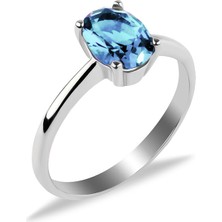 Gümüşcüm Swarovski Aqumarin Oval Tek Taş Bayan Gümüş Yüzük