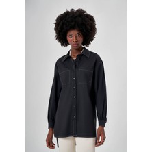 Mizalle Arkası Uzun Poplin Siyah Gömlek