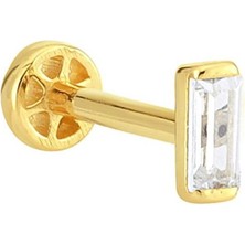 Altın Köşe Tek Baget Taşlı Altın Tragus Piercing 14 Ayar Sarı