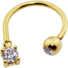 Altın Köşe Altın Taş Sallantılı Minimal Yarım Halka Piercing 14 Ayar Sarı