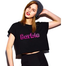 Mor Mürekkep Barbie Dolgulu Yazı Tasarım Baskılı Kadın Crop