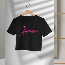 Mor Mürekkep Barbie El Yazı Tasarım Baskılı Kadın Crop
