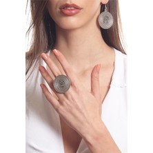 Labalaba Kadın Antik Gümüş Kaplama Sallantılı Model Hayat Ağacı Baskılı Küpe&yüzük Set