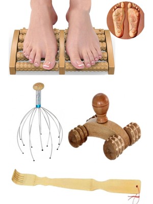 KFC Home Ahşap Masaj Seti Boyun Sırt Ayak Kafa Masaj Aleti ve Ahsaşp Sırt Kaşıma Aleti 4'lü Set