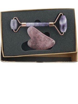 KFC Home Ametist Face Roller ve Kuvars Kalp Gua Sha Yüz Masaj Taşı Seti