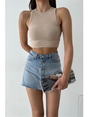 Oshebu Sıfır Kol Kaşkorse Crop Bej