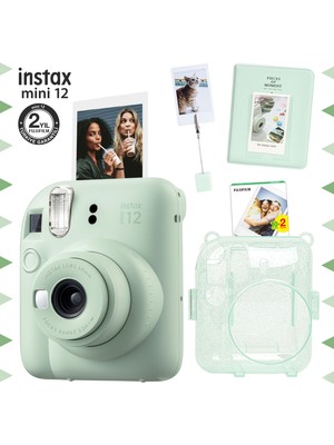 Fujifilm Instax Mini 12 Yeşil Fotoğraf Makinesi - 20'li Film - Kıskaçlı Stand - Pvc Albüm ve Simli Pleksi Kılıf Seti