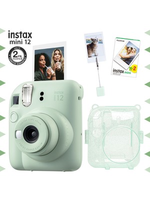 Fujifilm Instax Mini 12 Yeşil Fotoğraf Makinesi - 20'li Film Seti ve Simli Pleksi Kılıf