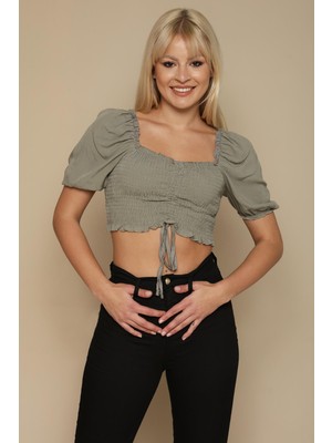 Select Moda Kadın Gipeli Balon Kollu Crop Bluz