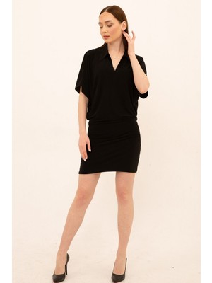 Laranor Yarasa Kol Boyu Ayarlanabilir Gömlek Yaka Elbise 48 - Siyah