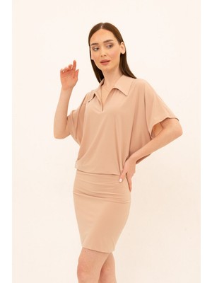 Laranor Yarasa Kol Boyu Ayarlanabilir Gömlek Yaka Elbise 48 - Krem