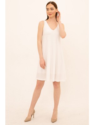 Laranor Ecru V Yaka Elbise 48 - Ecru