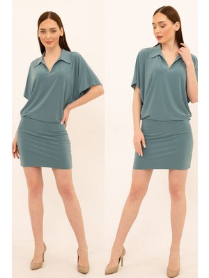 Laranor Yarasa Kol Boyu Ayarlanabilir Gömlek Yaka Elbise 44 - Nil Yeşili