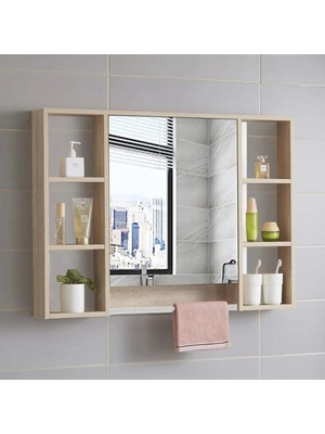 Azzuri Furniture Aynalı Havlu Askılıklı 8 Bölmeli Açık Raflı 1 Kapaklı Asma Banyo Dolabı 70X70CM