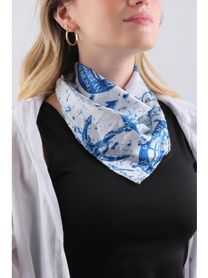 La Pescara Beyaz - Mavi Denizci Motif Fular Bandana 55-55 cm KDNF26