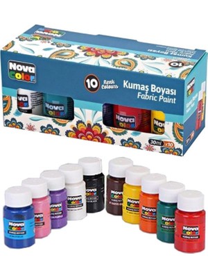 Nova Color Kumaş Boyası 10 Renk 30 ml 1 Paket Tişört Çanta Tekstil Boyası 10 Lu 30 ml Canlı Renkler