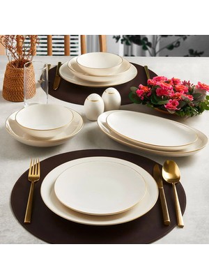 Güral Porselen Atina 60 Parça Yemek Takımı Ekru Renkli 12 Kişilik Porselen Malzeme ile Gold Fileli