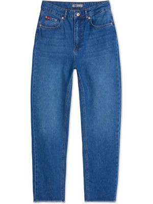 Lee Cooper Marlyn Yüksek Bel Rahat Kesim Daralan Paça %100 Pamuk Mavi Kadın Jean Pantolon