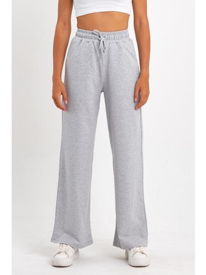 Mmetalic Kadın Mevsimlik Salaş Geniş Rahat Paça Yan Cepli Gri Eşofman Altı