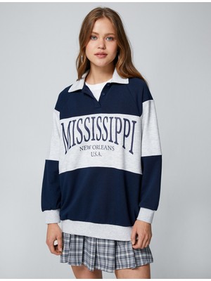 Koton Oversize Kolej Sweatshirt Polo Yaka Baskılı Düğmeli