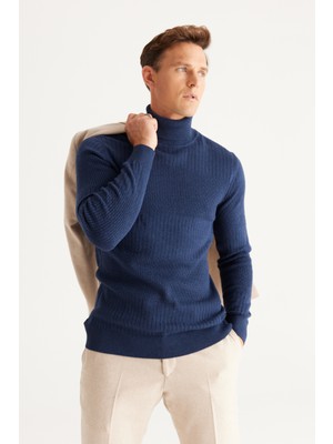 Altınyıldız Classics Erkek Indigo Standart Fit Normal Kesim Tam Balıkçı Yaka Pamuklu Jakarlı Triko Kazak