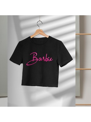 Mor Mürekkep Barbie El Yazı Tasarım Baskılı Kadın Crop