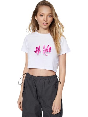 Mor Mürekkep Hi Ken Yazı Tasarım Baskılı Kadın Crop