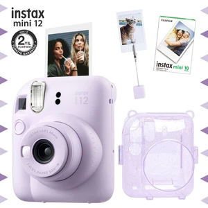 Instax Mini 12 Lila Fotoğraf Makinesi - 10'lu Film - Kıskaçlı Resim Standı ve Simli Pleksi Kılıf Seti