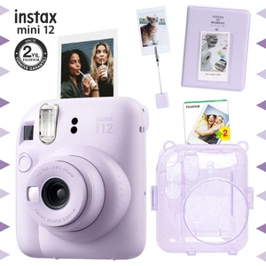 Instax Mini 12 Lila Fotoğraf Makinesi - 20'li Film - Kıskaçlı Stand - Pvc Albüm ve Simli Pleksi Kılıf Seti