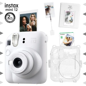 Instax Mini 12 Beyaz Fotoğraf Makinesi - 10'lu Film - Kıskaçlı Stand - Pvc Albüm ve Simli Pleksi Kılıf Seti