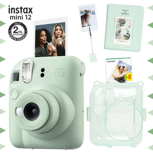 Instax Mini 12 Yeşil Fotoğraf Makinesi - 20'li Film - Kıskaçlı Stand - Pvc Albüm ve Simli Pleksi Kılıf Seti