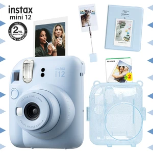 Instax Mini 12 Mavi Fotoğraf Makinesi - 20'li Film - Kıskaçlı Stand - Pvc Albüm ve Simli Pleksi Kılıf Seti